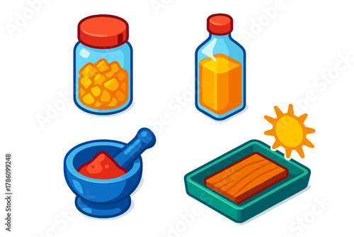Varnish Ingredients Icons. Isometric vector illustration set Varnish Formulation Ingredients: Resin flakes in jar, linseed oil