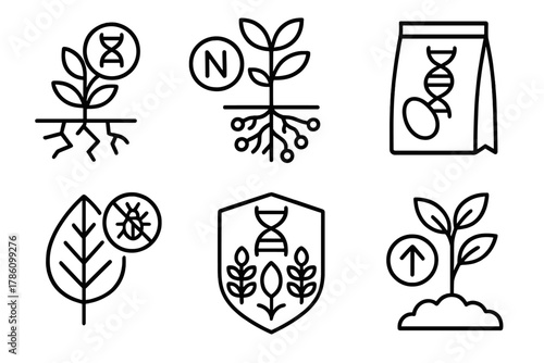 Synthetic Biology Icons. Line style icons of synthetic biology in agriculture: drought-resistant crop, nitrogen-fixing root icon,