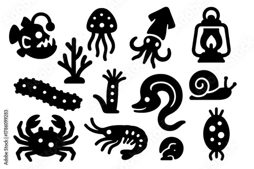 Bioluminescent Sea Icons. Solid style icons of Deep sea glow: anglerfish, lantern jellyfish, abyssal squid, glowing coral, sea