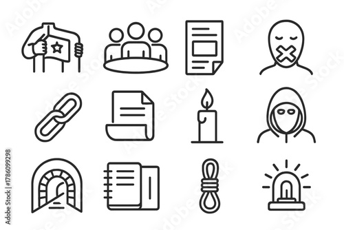 Political Resistance Icons. Line style icons of Political Resistance: Concealed Flag, Secret Assembly, Pamphlet, Silenced Voices;