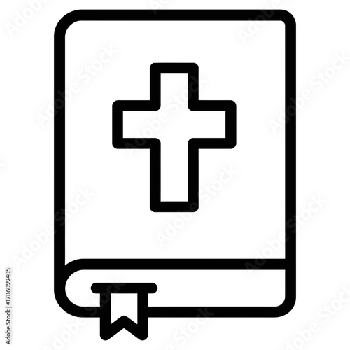 Holy Bible book outline icon with cross and bookmark, minimalist black line