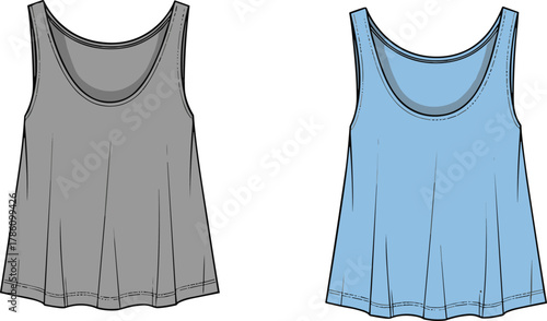 Sleeveless tank tops, scoop neck casual wear, loose fit fashion sketch, garment construction detail, apparel template, cad drawing flat vector illustration