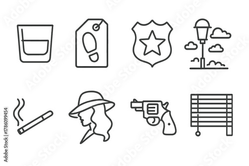 Film Noir Icons. Line style icons of Film Noir: Whiskey Glass, Crime Evidence, Detective Badge, Foggy Street, Smoking Cigarette,