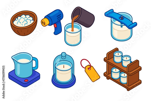 Candle Making Tools. Isometric vector illustration set Candle making – coconut wax flakes, heat gun, top off pour; wick centering