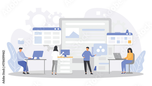 Diverse team collaborating on digital projects using computers and data visualization in a modern office setting