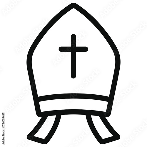 Bishop mitre hat icon with cross, Catholic clergy symbol, black line on white