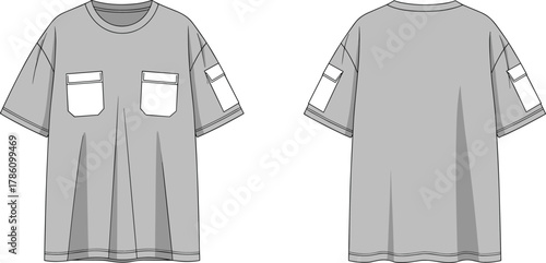 Short sleeve t-shirt technical sketch, front and back view, patch pockets, round neck, fashion flat drawing, garment template, 