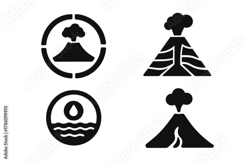 Volcanic Origin Icons. Solid style icons of volcanic origin education: eruption history glyph, formation layers icon, magma badge.