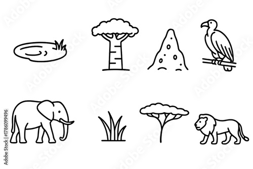 Savanna Icons Collection. Line style icons of Savanna: Watering Hole, Baobab Tree, Vulture, Termite Mound, Elephant, Grass Tuft,