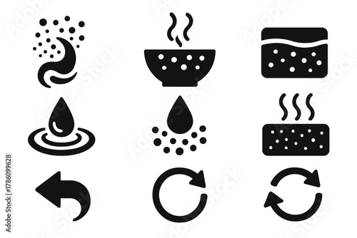 Dynamic Fusion Icons. Solid style icons of dry-to-liquid fusion: powder dissolving swirl, foam to broth transition, rehydrated
