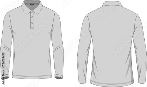 Long sleeve polo shirt technical flat sketch, front and back view, casual unisex fashion top design template, detailed vector apparel illustration, CAD drawing pattern