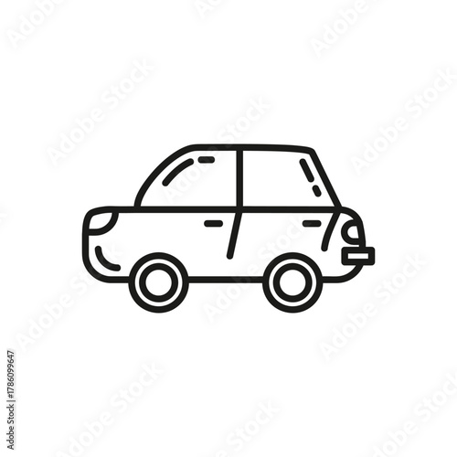 Line art shows a car in profile with a round body a front and back wheel and a side mirror
