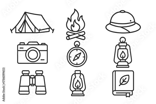 Safari Camp Icons. Line style icons of Safari Camp: Canvas Tent, Campfire, Pith Helmet, Vintage Camera, Compass, Lantern,