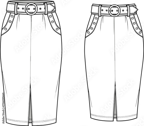 High waisted pencil skirt technical sketch, belt detail, front slit, button pocket, fashion flat, garment construction, cad drawing flat vector illustration