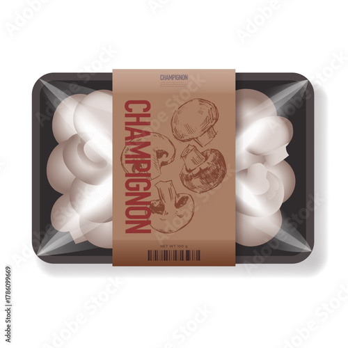 Champignon hand drawn illustrations, food container vector mockup