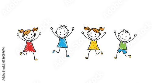 Joyful children dance in a vibrant scribble art