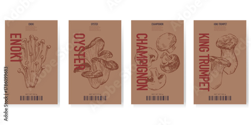 Set of packaging label design templates, hand drawn mushroom illustrations, vector graphic elements
