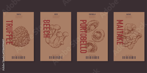 Set of packaging label design templates, hand drawn mushroom illustrations, vector graphic elements