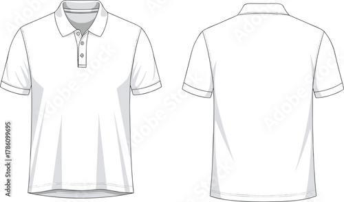 Front and back view polo shirt technical flat sketch, short sleeve collar shirt vector template, detailed apparel fashion cad drawing illustration design