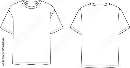 Front and back view plain t-shirt technical flat sketch, short sleeve crew neck shirt cad drawing, minimal apparel design vector illustration template