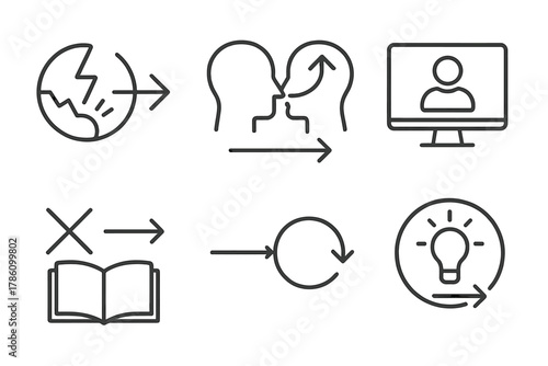 Design Thinking Icons. Line style icons of mindset shifts in design thinking courses: problem to possibility icon, fixed to growth