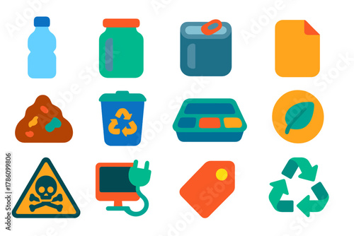 Recycling Icons Collection. Flat vector icons of waste categorization and recycling: plastic bottle, glass jar, metal can, paper
