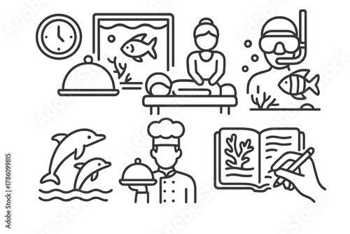 Luxury Service Icons. Line style icons of luxury services: 24/7 underwater room service, in-room massage icon, private reef guide,