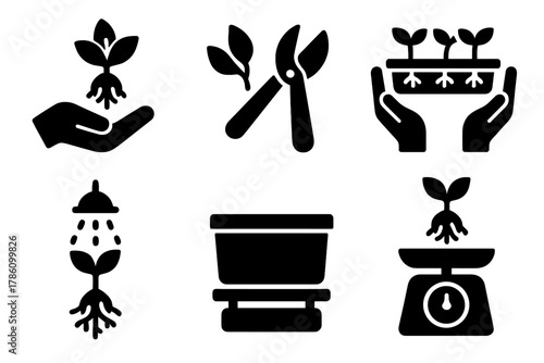 Hydroponics Icon Set. Line style icons of Hydroponics: harvest icon, cutting tool, tray lift icon, root rinse symbol, storage bin,