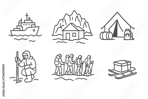 Polar Expedition Icons. Line style icons of polar expeditions for glacier study: icebreaker ship icon, research camp near glacier,