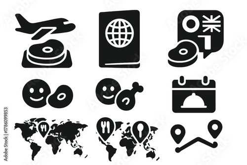 Global Tasting Tour Icons. Solid style icons of global tasting tour: airplane with meat tray, food passport, international panel.