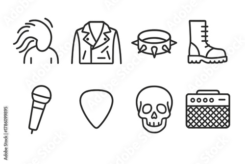 Metal Fan Icons. Line style icons of Metal Fans: Long Hair Headbanging, Leather Jacket, Spiked Bracelet, Boots, Microphone, Guitar