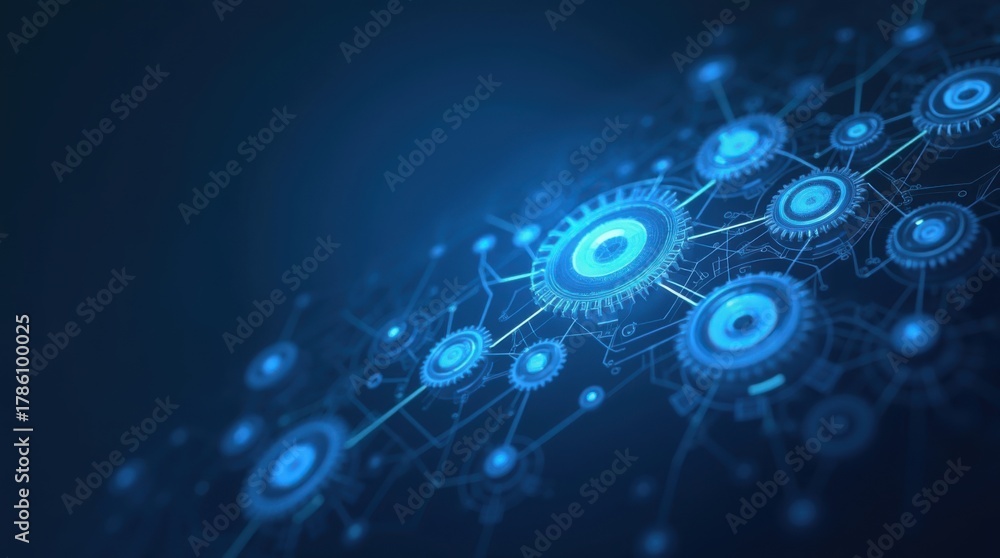 Fototapeta premium Futuristic blue digital blueprint of interlocking gears and circuits