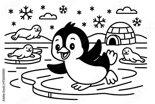 Penguin Icy Adventure. Playful penguin sliding on ice with snowflakes, seals, and igloos in the background, black and white line