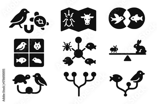 Species Comparison Icons. Solid style icons of comparative species studies: bird vs turtle magnet symbol, insect vs mammal field