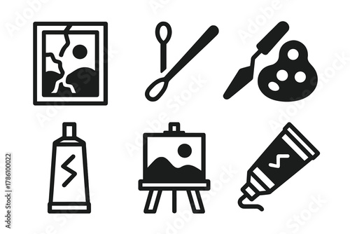 Antique Restoration Tools. Line style icons of Antique Restoration: cracked oil painting, cotton swab tool, retouch pigments,