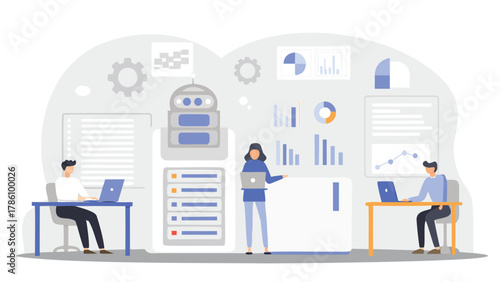 Team of professionals collaborating on data analysis and technology solutions with charts and a robot interface