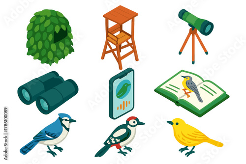 Hiking Trail Essentials. Isometric vector illustration set Hiking trails – camo net hide, observation seat, tripod mount;