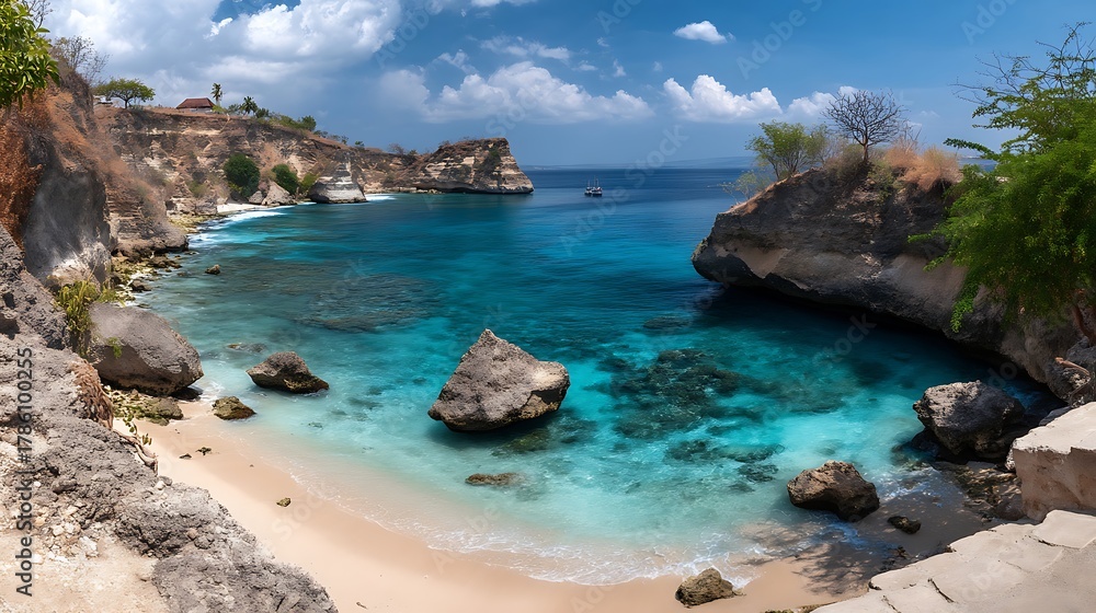 Fototapeta premium Tropical Coastal Cove with Clear Blue Water and Rocky Cliffs