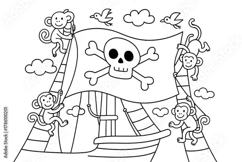 Whimsical Pirate Adventure. Whimsical pirate flag waving on a ship with seagulls, clouds, and playful monkeys climbing ropes,