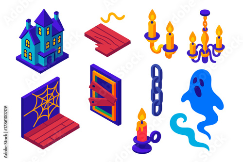 Haunted Mansion Icons. Isometric vector illustration set Classic literature – ghostly mansion, creaky floorboard, dusty chandelier