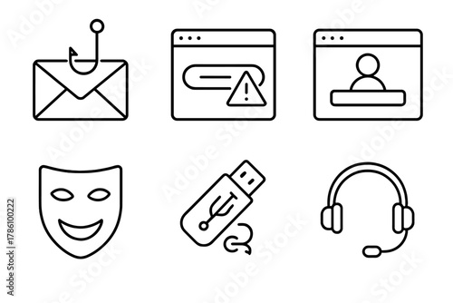 Social Engineering Icons. Line style icons of social engineering awareness: phishing email icon, suspicious link preview, fake