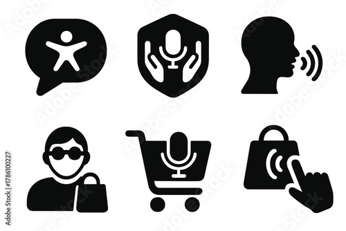 Voice Commerce Accessibility Icons. Solid style icons of accessibility in voice commerce: voice icon with accessibility symbol,