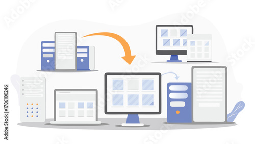 Digital data transfer and network connectivity illustration with servers computers and devices showing information flow