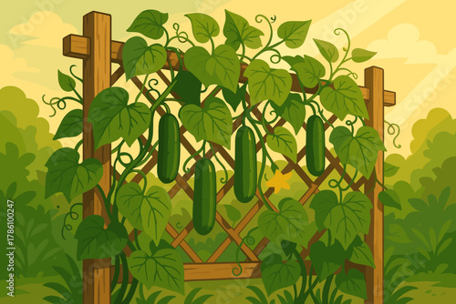 Sunlit Cucumber Vines. Lush green cucumber vines hanging from a vector illustration garden trellis, illuminated by golden sunlight