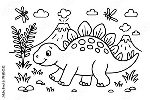 Stegosaurus Adventure Scene. Cheerful stegosaurus with plates on its back walking near ferns, volcanoes, and dragonflies, black