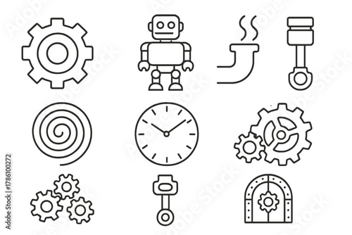 Gearworks District Icons. Line style icons of Gearworks District: Giant Gear, Automaton, Steam Pipe, Mainspring, Clock Face,