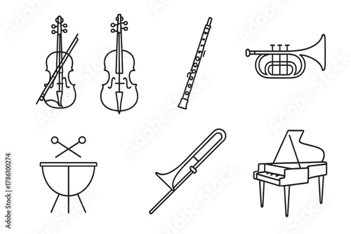 Classical Instrument Icons. Line style icons of Classical Instruments: Violin, Cello, Flute, Oboe, Trumpet, Trombone, Timpani,