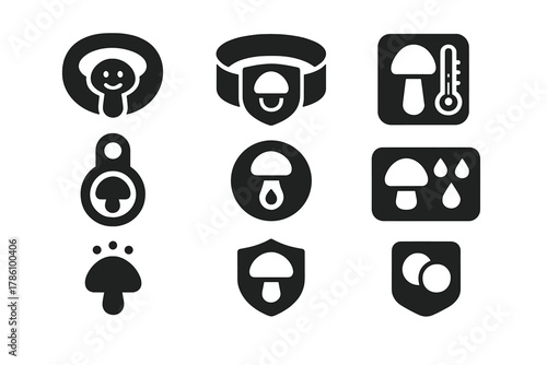 Fungal Sensor Icons. Solid style icons of wearable fungal sensors: mood-reactive collar icon, air sensor cuff badge, temperature