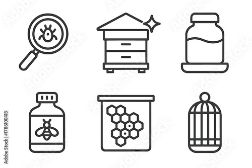 Bee Health Icons. Line style icons of bee health and care: mite check symbol, clean hive sign, sugar syrup feeder, bee medication