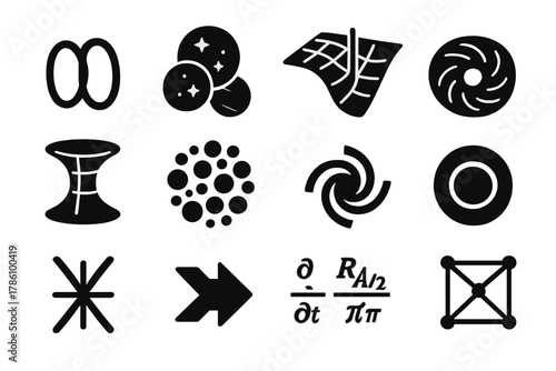 Theoretical Physics Icons. Solid style icons of Theoretical physics: string loop, multiverse bubble, extra dimension grid,